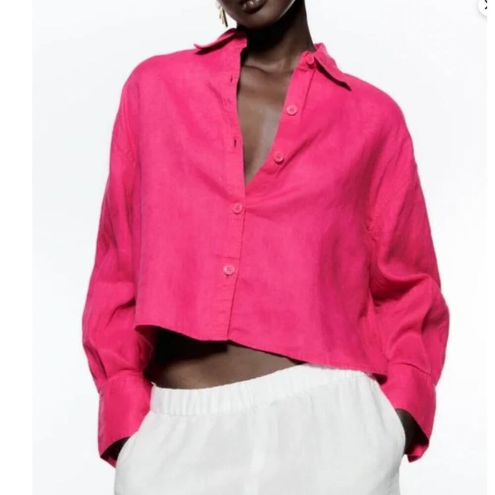 Pink Linen Cropped Blouse - Zara Medium